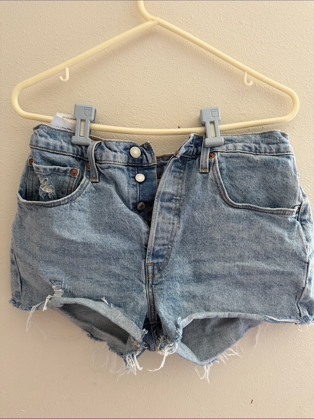High-Rise Light Blue Distressed Denim Jean Shorts